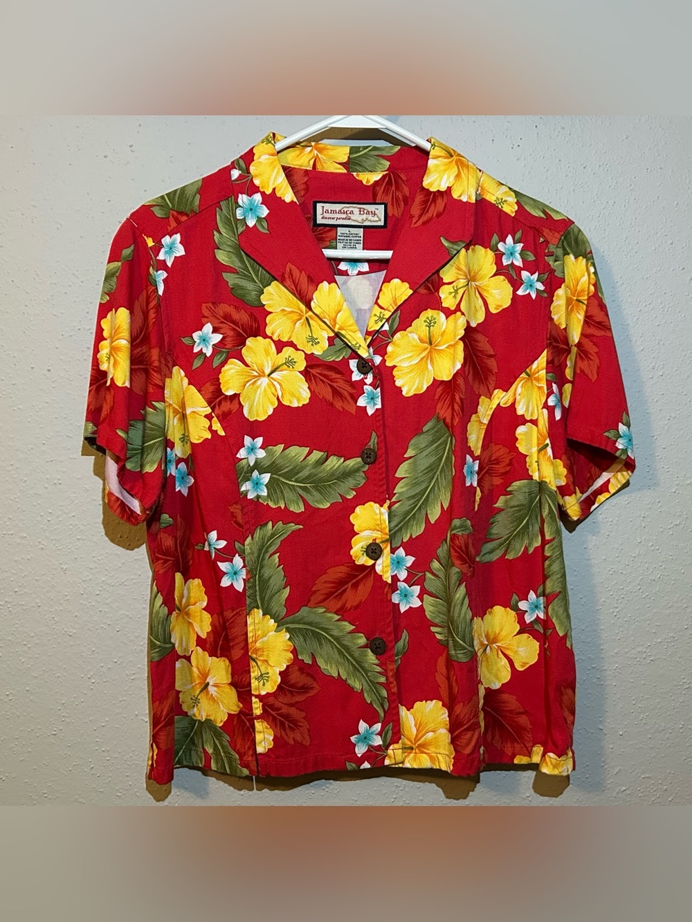 Jamaica Bay Hawaiian Style Floral Hibiscus Button Up Shirt Size L